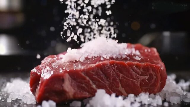 Close-up of falling salt on raw beef steak in kitchen, super slow motion, filmed on high speed cinematic camera at 1000 fps. Camera movement HD 4K Video Clip 