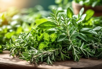 Obraz premium vibrant arrangement fragrant herbs showcasing varied textures lush greenery captivating visual presentation, basil, mint, thyme, rosemary, parsley, dill