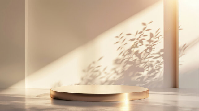 A gold podium with a shadow of a leafy tree on the wall