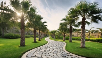 Palm Sanctuary A tranquil garden with stone pathways winding through meticulously groomed palm trees.