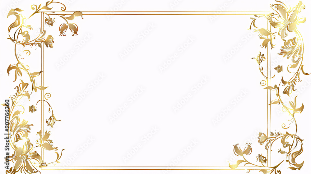 Poster rectangle subtle gold frame for web presentation, horizontal border in oriental style, png with tran
