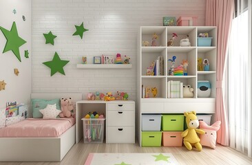 Charming children's room with a white brick wall and a white desk topped with green and pink storage boxes. A small bed in the corner features plush toys.