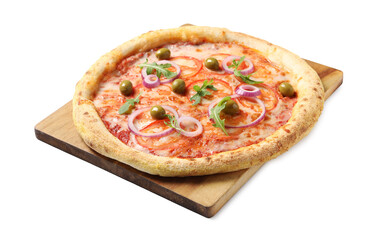 Delicious vegetarian pizza with fresh arugula isolated on white