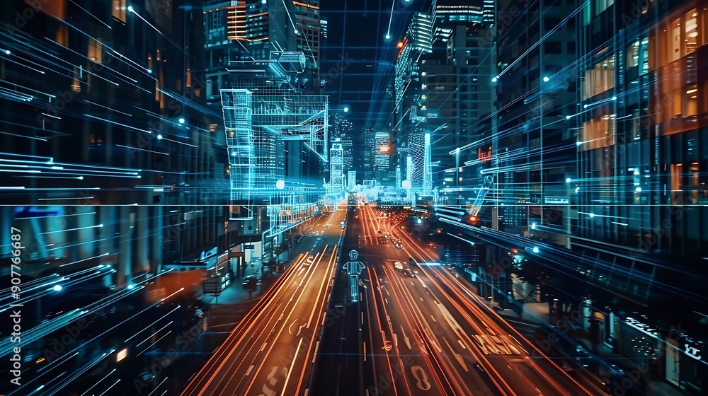 Poster digital overlay depicting a network of data and technology in the heart of a busy city at night.