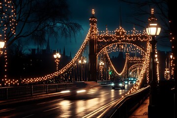 Fototapeta premium London's Tower Bridge illuminated at night with light trails from passing traffic