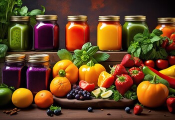 vibrant food display showcasing fresh ingredients colorful arrangement various spices, fruits, vegetables, herbs, healthy, organic, culinary, nutrition