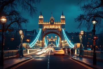 Obraz premium London's Tower Bridge illuminated at night with light trails from passing traffic