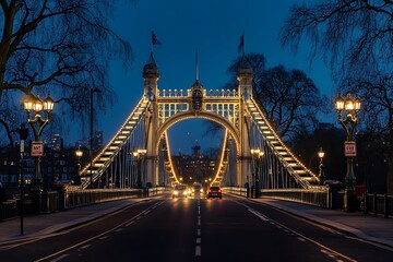 Obraz premium London's Tower Bridge illuminated at night with light trails from passing traffic