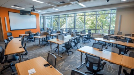 Empty Classroom with Desks and Chairs.