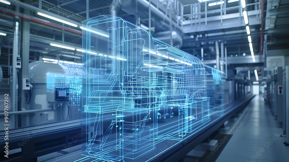 Poster reality display of a factory's machine showcasing the use of technology in modern manufacturing