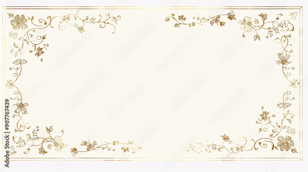 Poster rectangle subtle gold frame for web presentation, horizontal border in oriental style, png with tran
