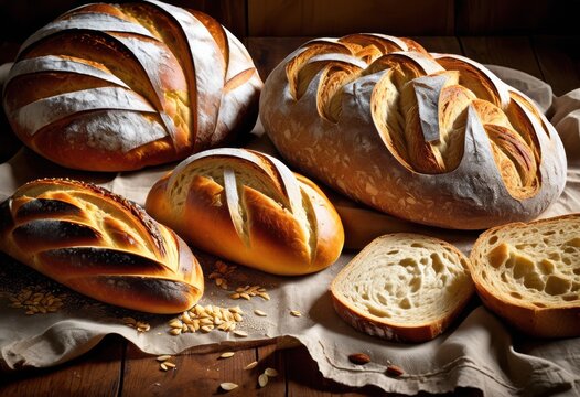 artisan craft bread unique shapes textures showcasing rustic designs intricate patterns, loaf, crust, flour, yeast, dough, handmade, oven, crispy, soft, round