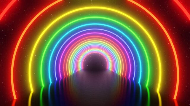 3d abstract futuristic glowing light laser rainbow circle tunnel in space. Cyber sci-fi retro 80s 90s y2k bright colorful background. LGBT Pride disco music party template. Animation 30fps 4k loop