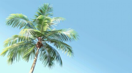 A palm tree swaying gently in the breeze, its fronds rustling against the backdrop of a clear blue sky