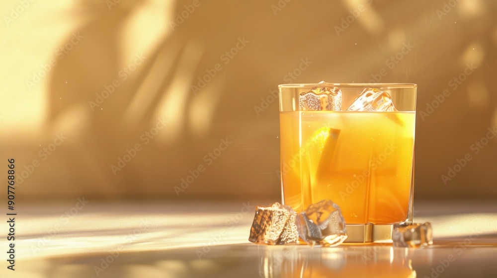 Poster a photorealistic image of a glass of orange juice with ice cubes floating in it, perfectly capturing