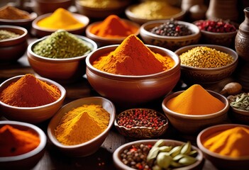 colorful spices arranged ornate bowls showcasing variety textures natural hues, decorative, vibrant, display, herb, culinary, presentation, ingredient