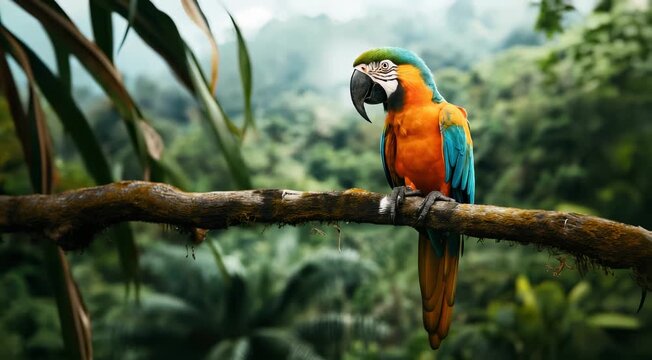 A vibrant macaw parrot perched on a branch with a lush, tropical forest in the background. The bird features bright orange, blue, and green feathers.