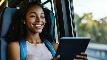 young happy woman using tablet and wearing headphones while commuting on a bus