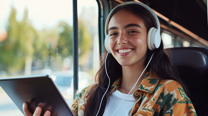 young happy woman using tablet and wearing headphones while commuting on a bus