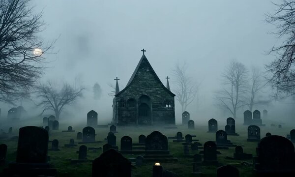 A graveyard with a church in the background and a full moon in the sky. The atmosphere is eerie and spooky