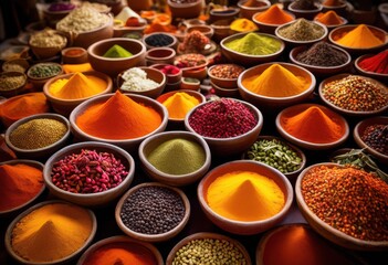 Fototapeta premium vibrant aerial view showcasing diverse spices arranged colorful bowls rich textures unique shapes, flavors, food, herbs, ingredients, arrangement, aroma