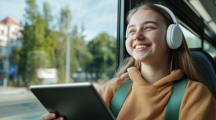 young happy woman using tablet and wearing headphones while commuting on a bus