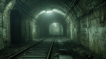underground man-made tunnels decorated with a mysterious facade and detailed patterns, with an eerie, frightening atmosphere through which the fog seeps in, creating a chilling, unsettling effect.