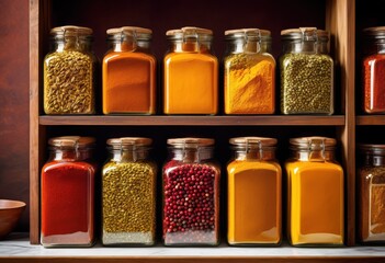 colorful spice collection clear glass jars displayed elegant marble surface showcasing variety texture, assortment, containers, vibrant, seasoning, herbs