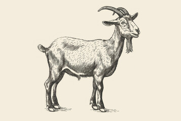Goat. Vintage retro print, black white goat sketch ink pencil style drawing, engrave old school. Sketch artwork silhouette goat, white background. Side view profile. Illustration