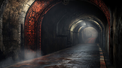 underground man-made tunnels decorated with a mysterious facade and detailed patterns, with an eerie, frightening atmosphere through which the fog seeps in, creating a chilling, unsettling effect.