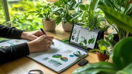 Corporate auditor reviewing sustainability reports in a modern office. ESG reporting and business analysis concept with focus on sustainability and corporate governance