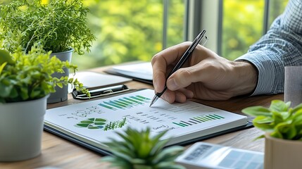 Corporate auditor reviewing sustainability reports in a modern office. ESG reporting and business analysis concept with focus on sustainability and corporate governance