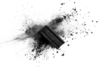 Black chalk pieces and powder flying, explosion effect