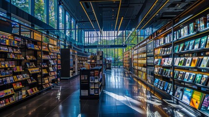 Bookshop interior with bookshelves and sunlight.