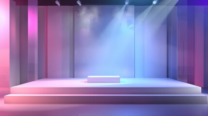 A stage with a white podium and a blue wall