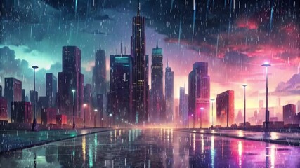 Animated Lo-Fi Video of Evening Cityscape with Rain and Beautiful Lights