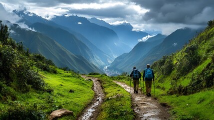 Obraz premium Two hikers trek along a scenic mountain path surrounded by lush greenery and misty peaks. The expansive valley below creates a breathtaking view under a dramatic sky.