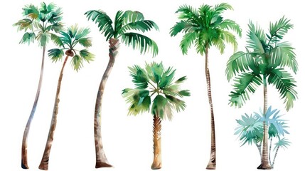 Set of beautiful watercolor tropical palm trees.