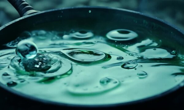 A green liquid is poured into a black pot. The liquid is green and he is a type of slime