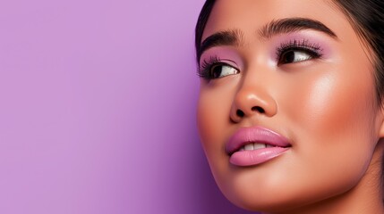 Fototapeta premium A woman with long dark hair and a pink lip color is looking at the camera. The image has a bright and cheerful mood, with the pink lip color and the purple background