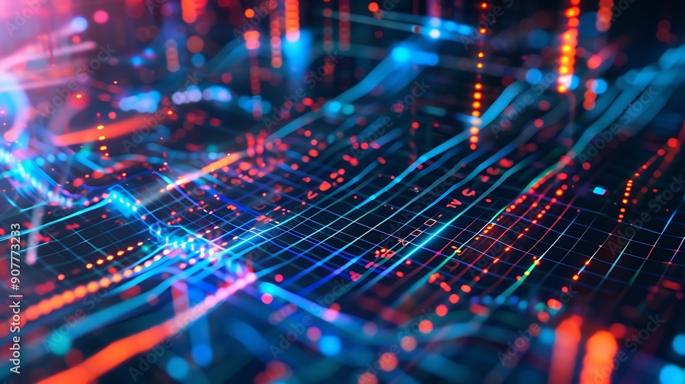  abstract digital network visualization with glowing lines and grid structure, representing data flow