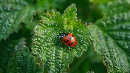 Fototapeta premium Ladybug on a green leaf