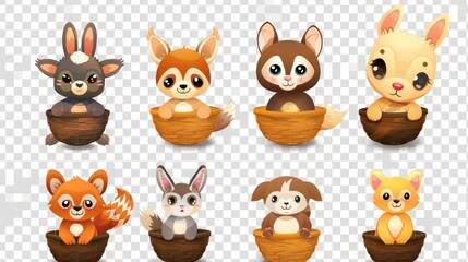 Obraz premium Concept set of several cute animals in baskets isolated on transparent background.