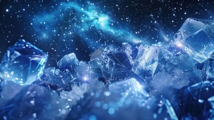 A surreal scene of ice cubes floating amidst a starry sky, their crystalline forms illuminated by the ethereal glow of distant galaxies.