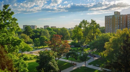 Fototapeta premium City Park View with Apartment Building and Trees.