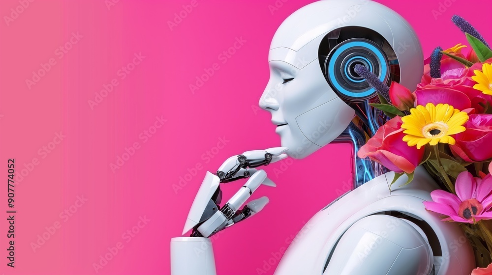 Poster a robot with flowers in its hand is standing on a pink background. the robot's face is white and it 