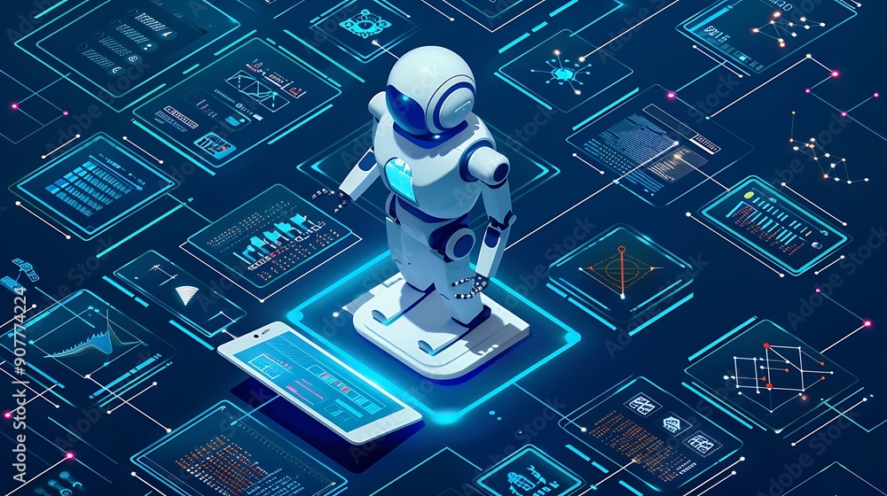 Poster robot standing on a digital platform surrounded by futuristic digital interface screens, representin