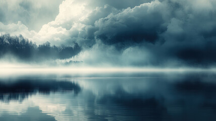Dramatic Storm Clouds Reflecting in Calm Lake: Moody Landscape with Mirror-like Water Surface and Brooding Sky
