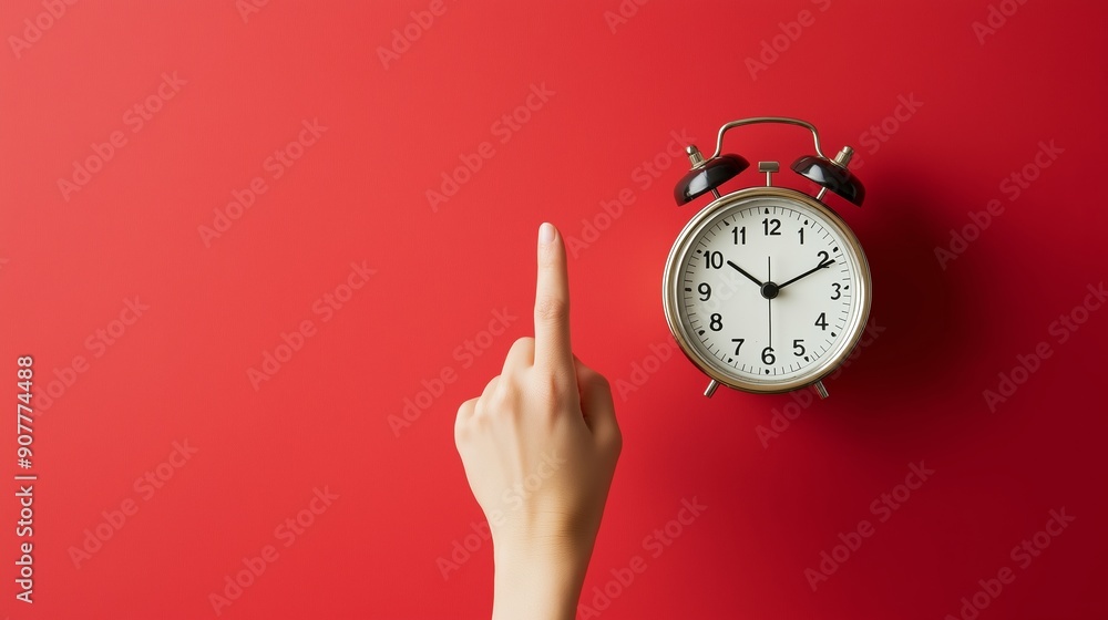 Aufkleber a hand pointing at a clock that is set at 10:10. the clock is on a red background