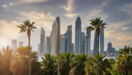 Palm-Spired Skyline Tall skyscrapers interspersed with palm trees against a backdrop of a vibrant city skyline.